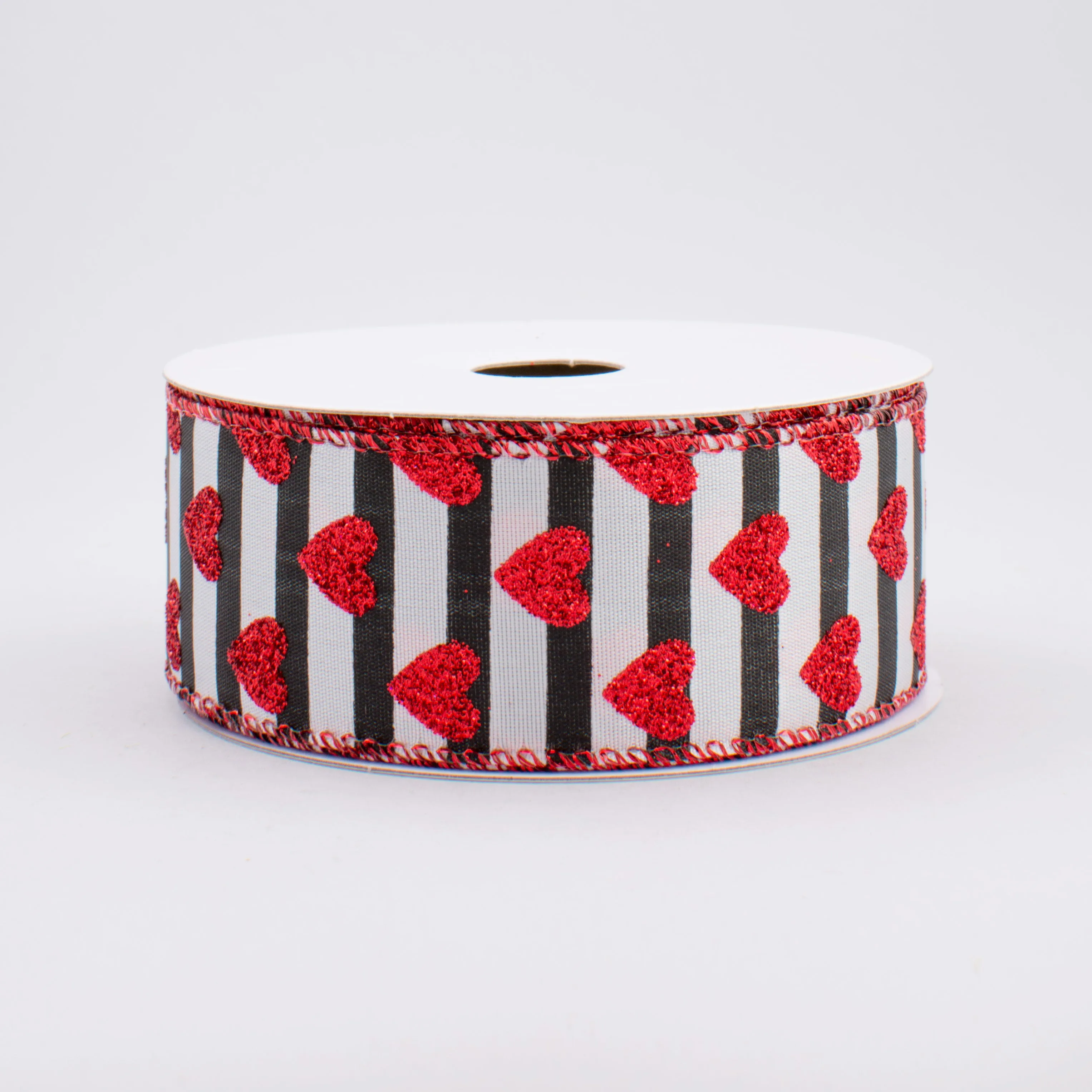 1.5" Black & White Stripe Red Glitter Heart Ribbon (10 Yards)