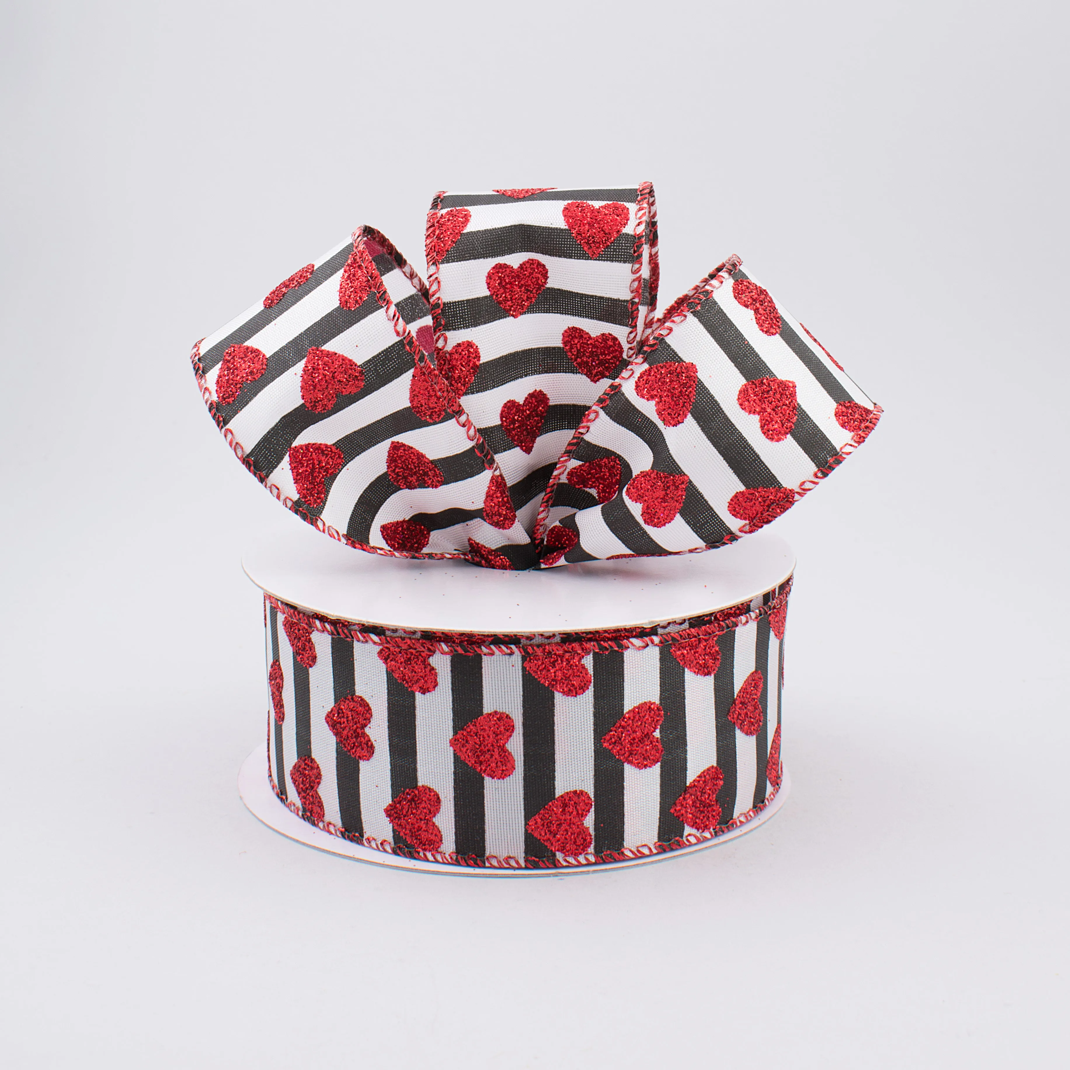 1.5" Black & White Stripe Red Glitter Heart Ribbon (10 Yards)