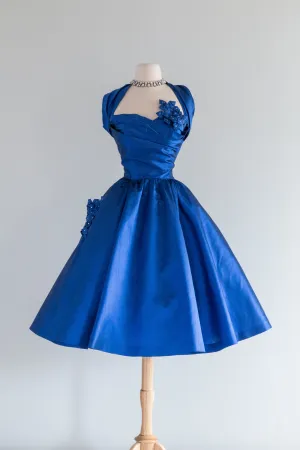 1950's Sapphire Blue Silk Party Dress With Rhinestones / SM