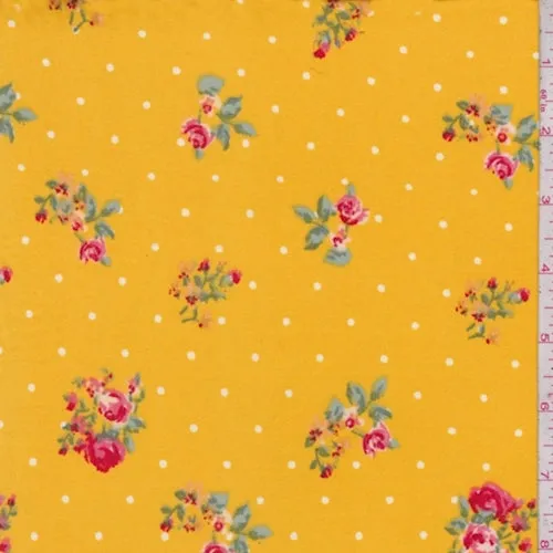 2 YD PC-Golden Yellow Floral Pin Dot Double Brushed Jersey Knit Fabric