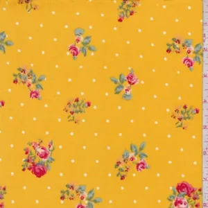 2 YD PC-Golden Yellow Floral Pin Dot Double Brushed Jersey Knit Fabric