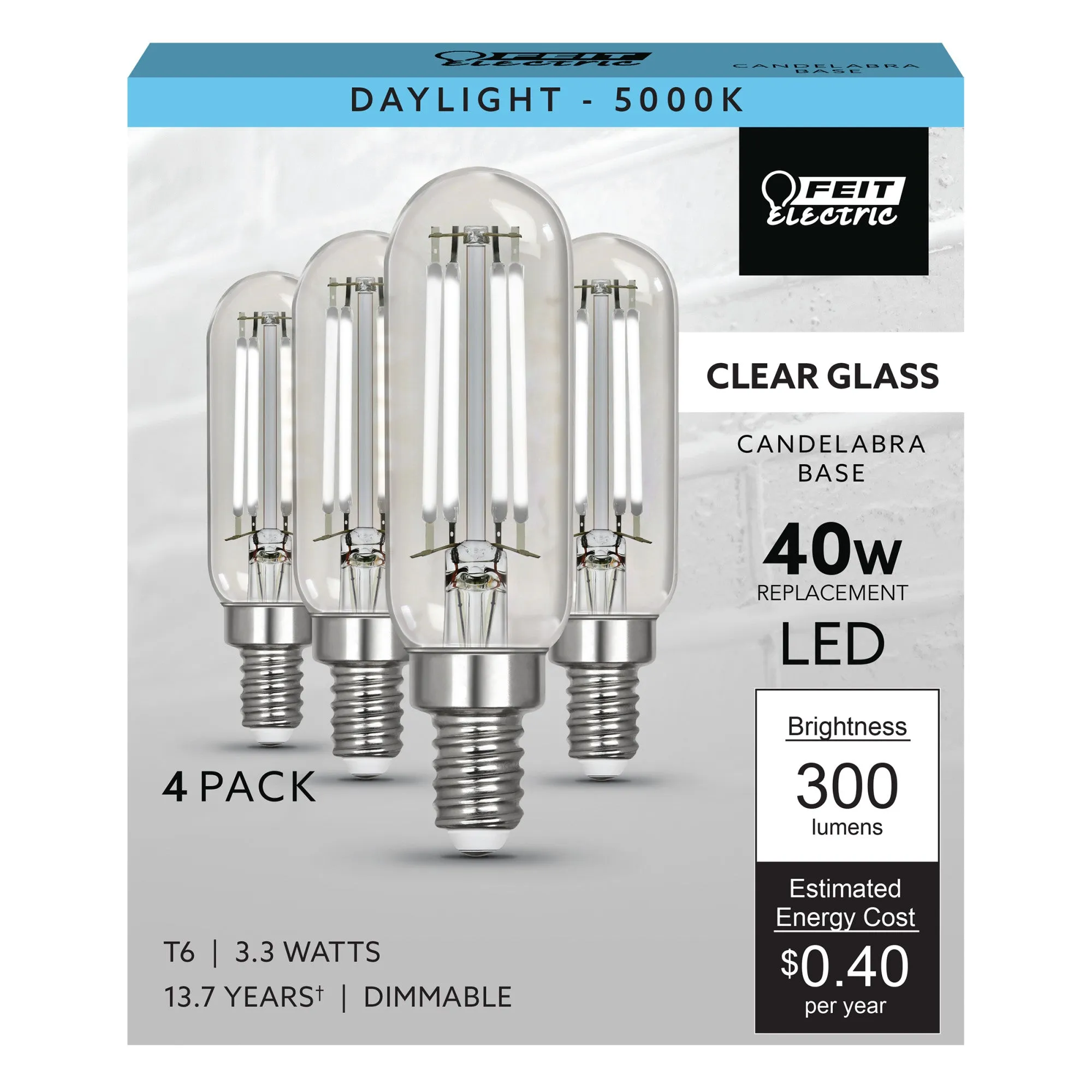 3.3W (40W Replacement) Daylight (5000K) T6 Tubular E12 Base Clear Filament LED Bulb (4-Pack)