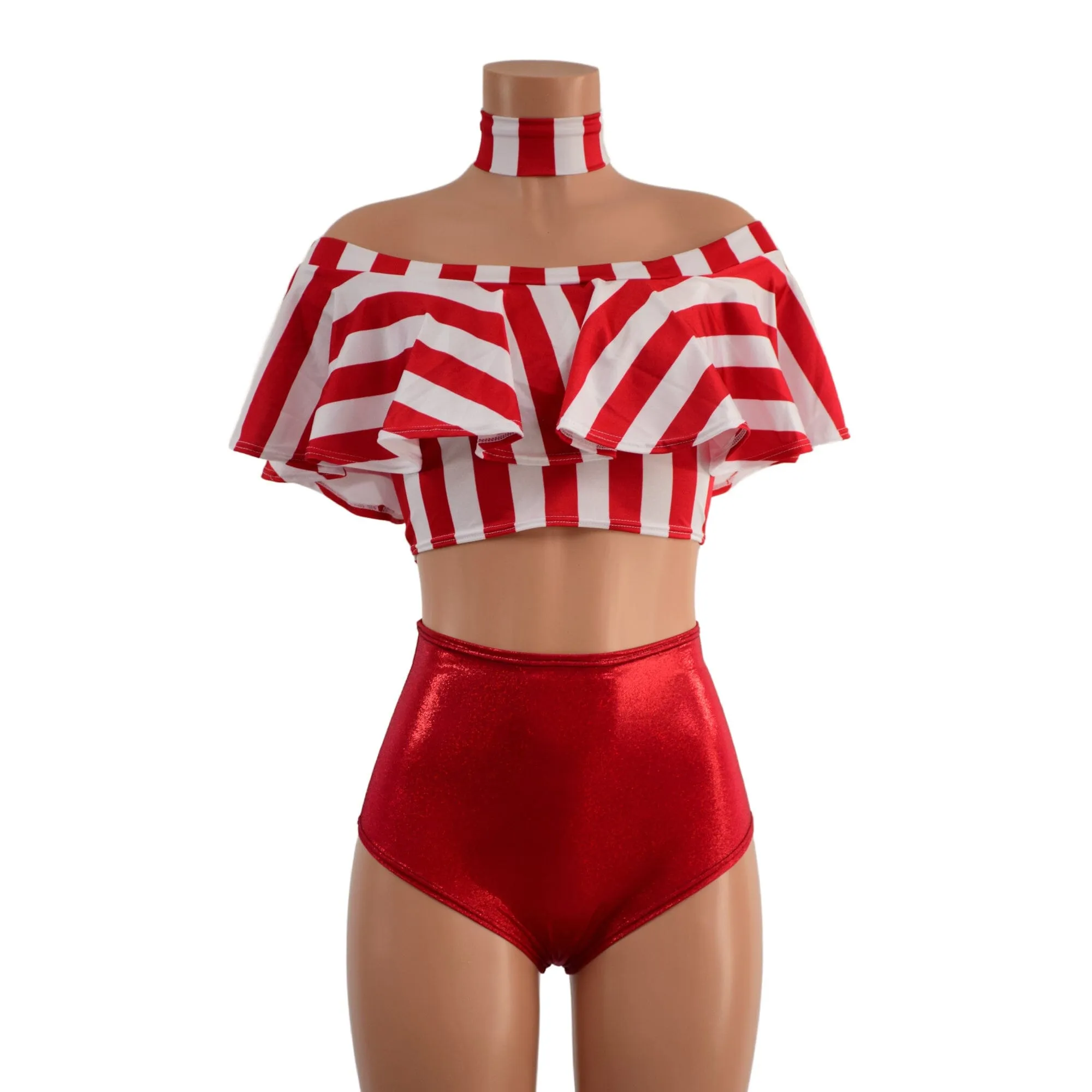 3PC Red and White Striped Top, Choker, and Siren Shorts Set