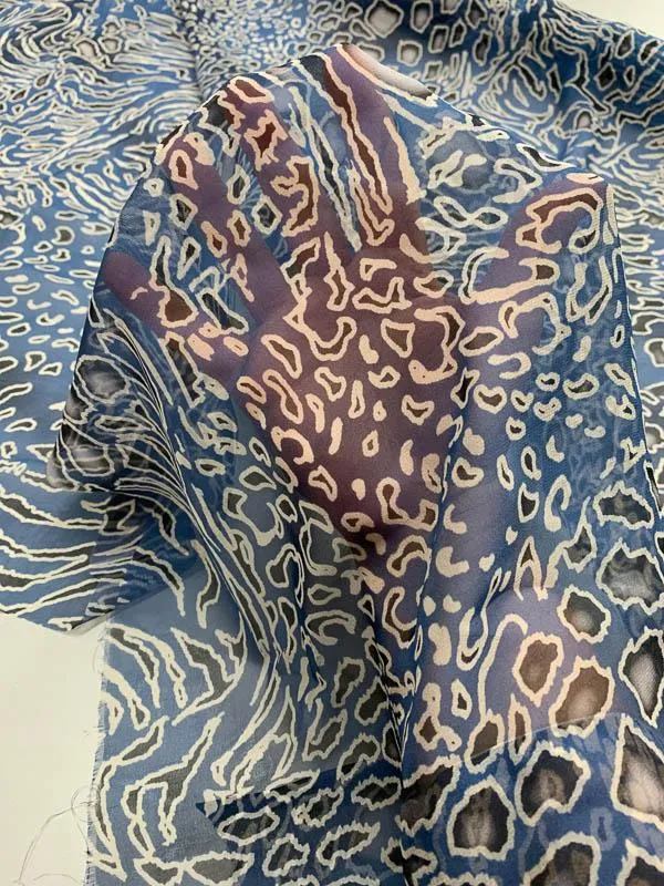 Animal Printed Silk Chiffon - Blue / Black / White