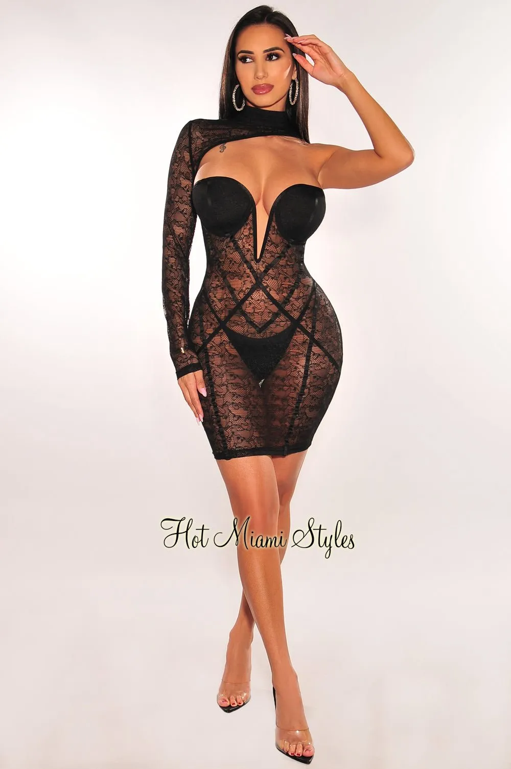 Black Lace One Shoulder Cut Out Mock Neck V Wire Mini Dress