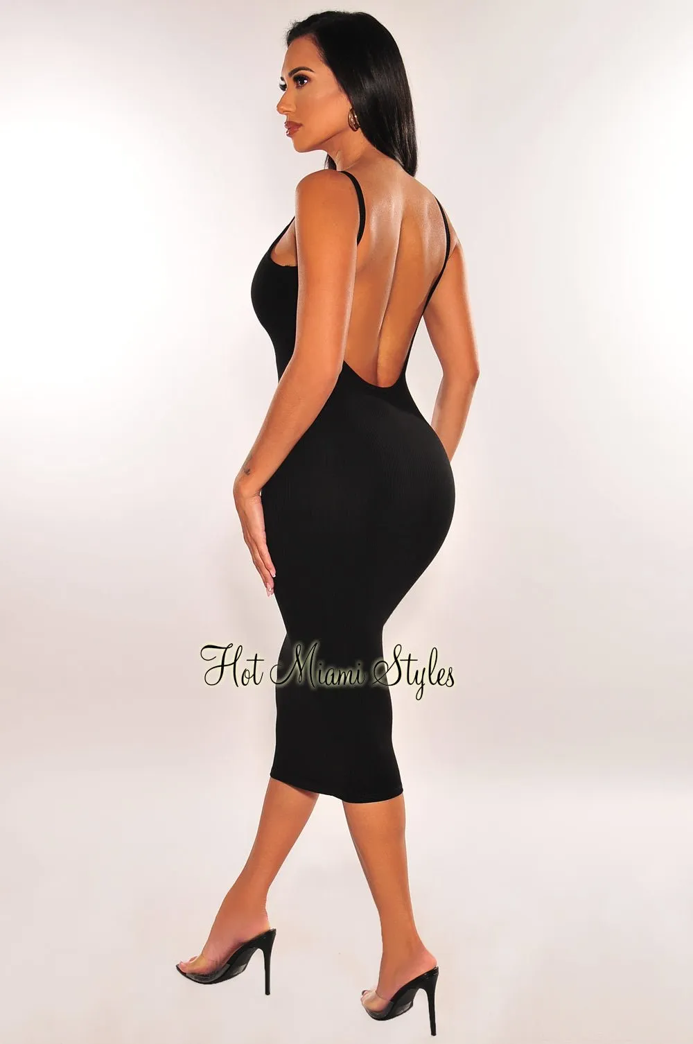 Black Ribbed Midi Dress with Scoop Back and Spaghetti Straps