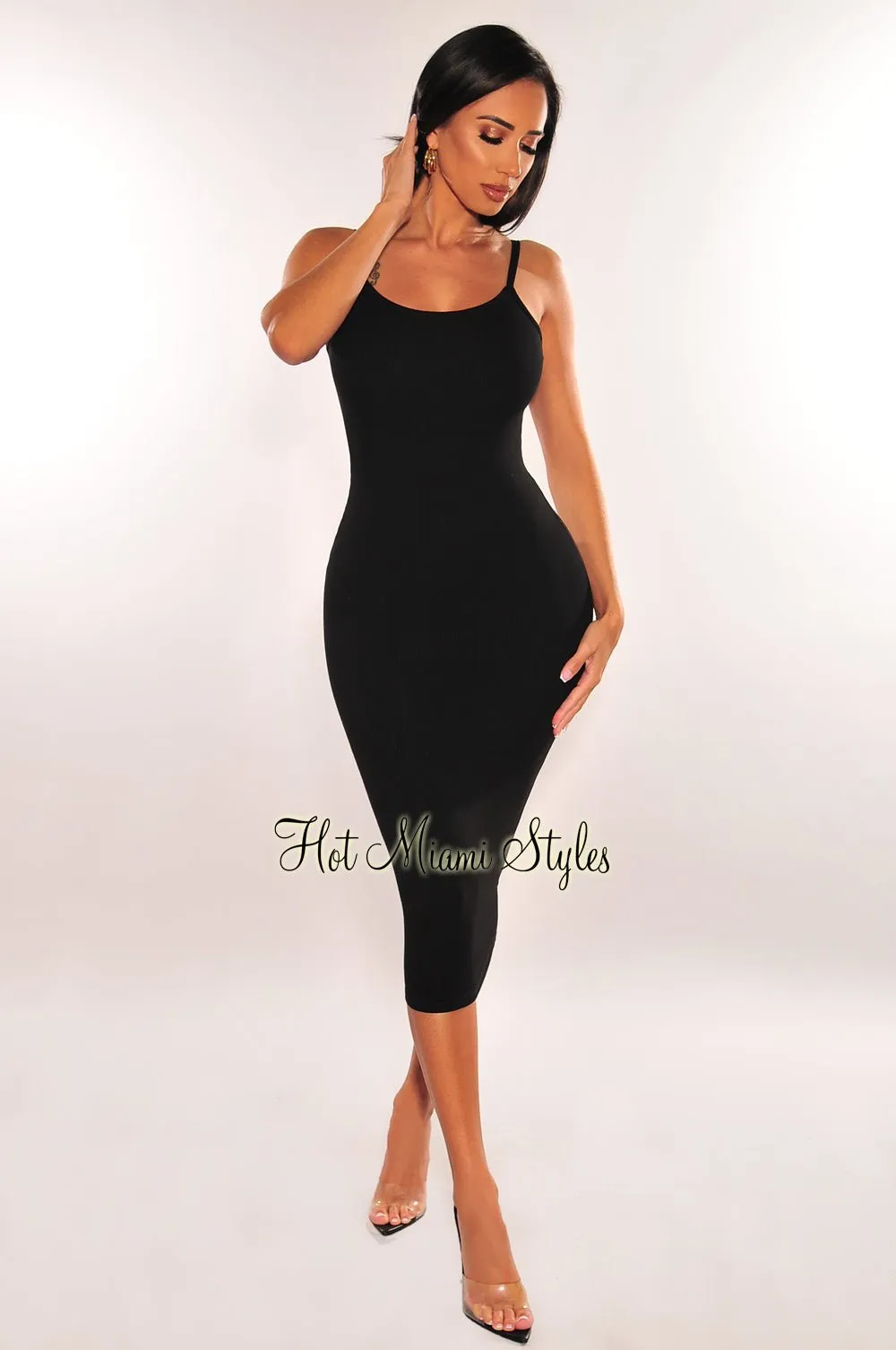 Black Ribbed Midi Dress with Scoop Back and Spaghetti Straps