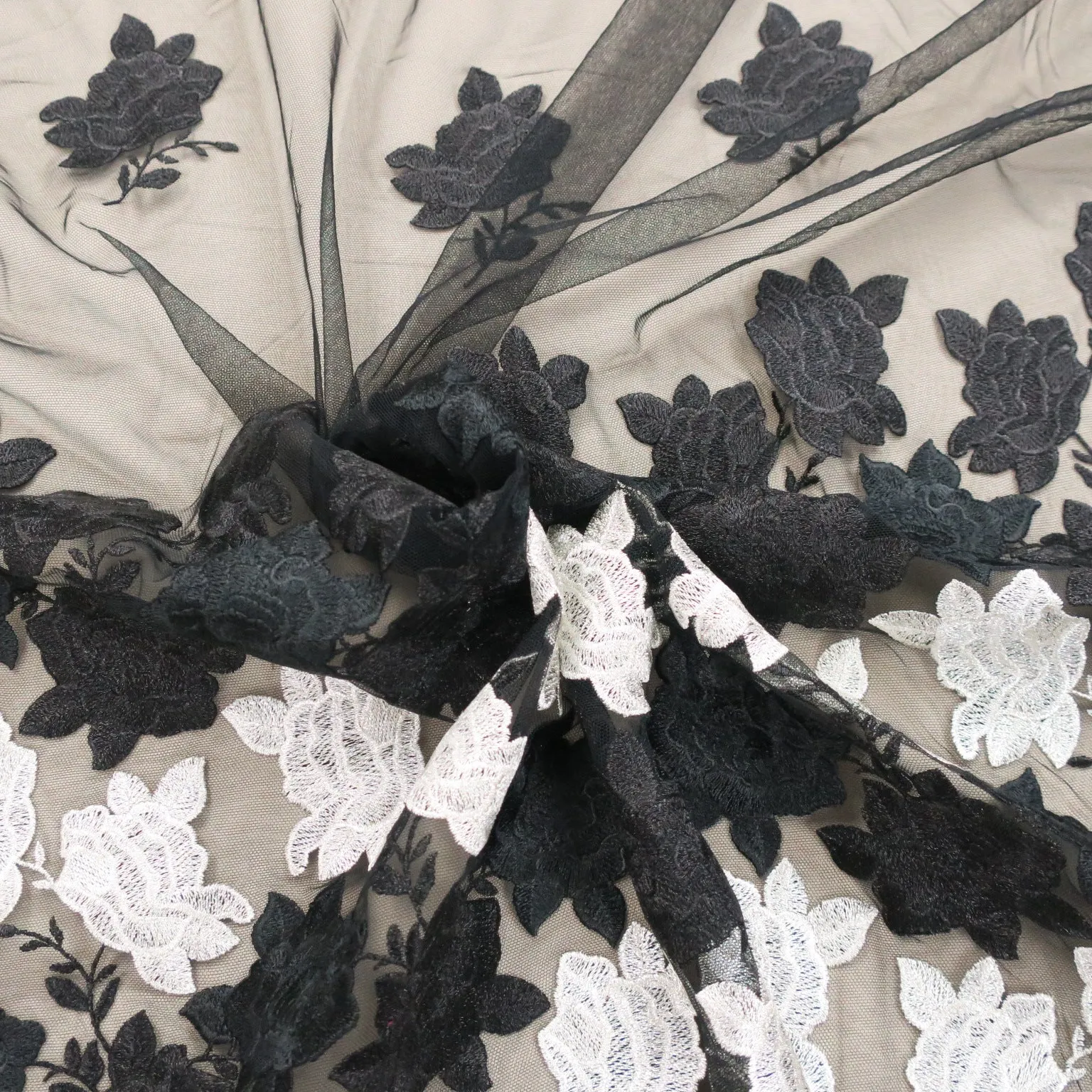 Black Tulle with Silver Floral Embroidered Fabric