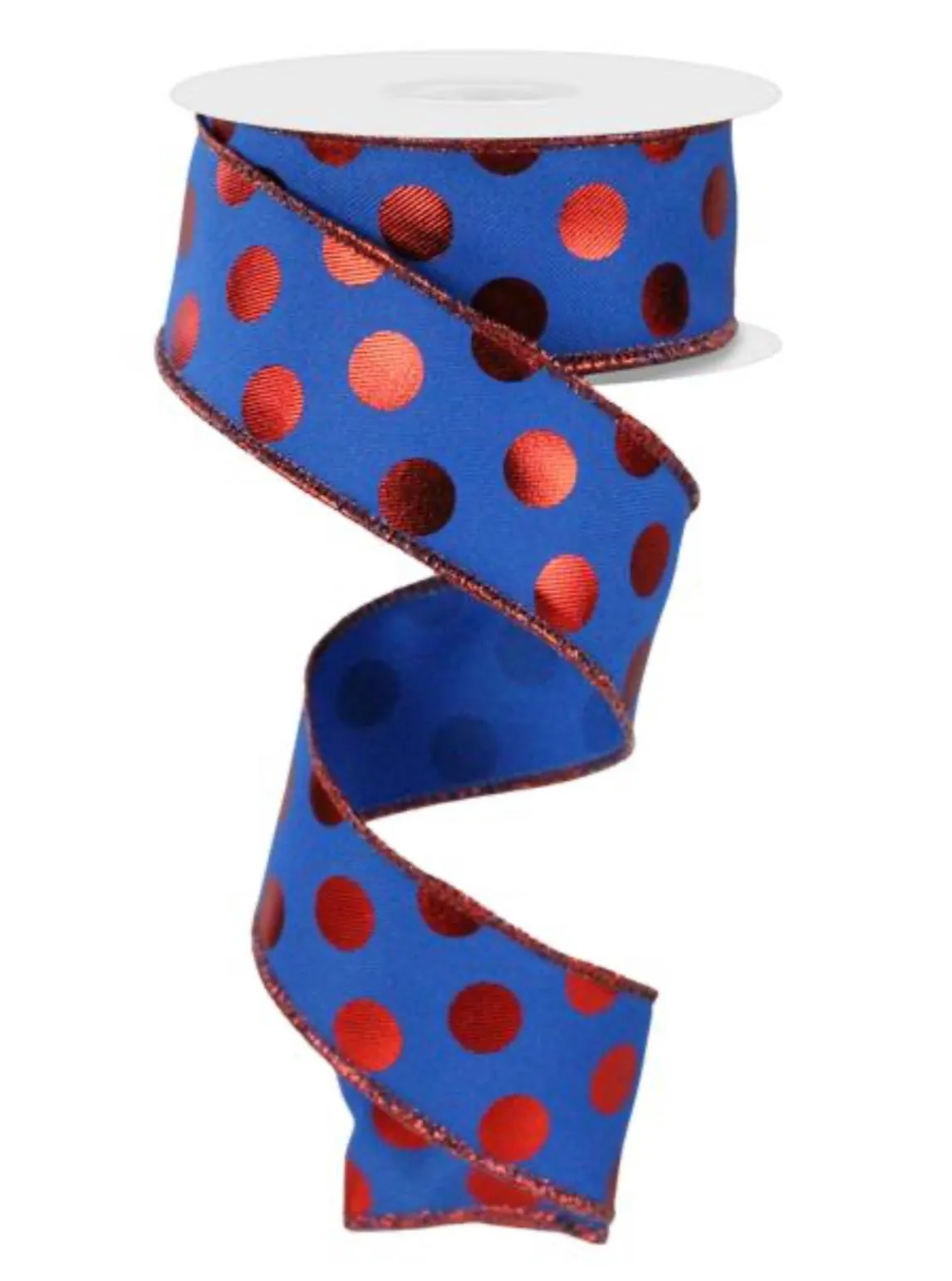 Blue and red mettalic polka dot wired ribbon 1.5”