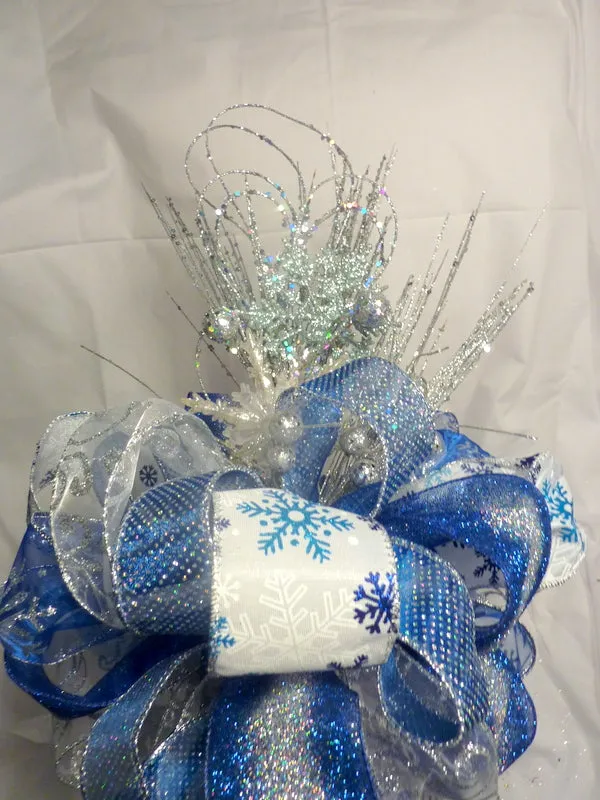 Blue and Silver ribbon tree topper, Christmas tree decorations