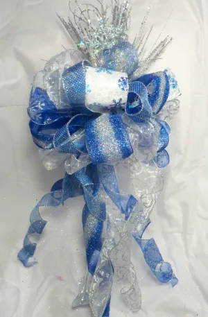 Blue and Silver ribbon tree topper, Christmas tree decorations