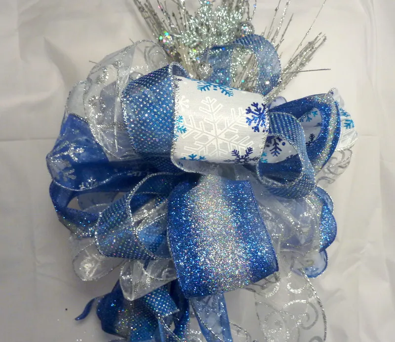 Blue and Silver ribbon tree topper, Christmas tree decorations