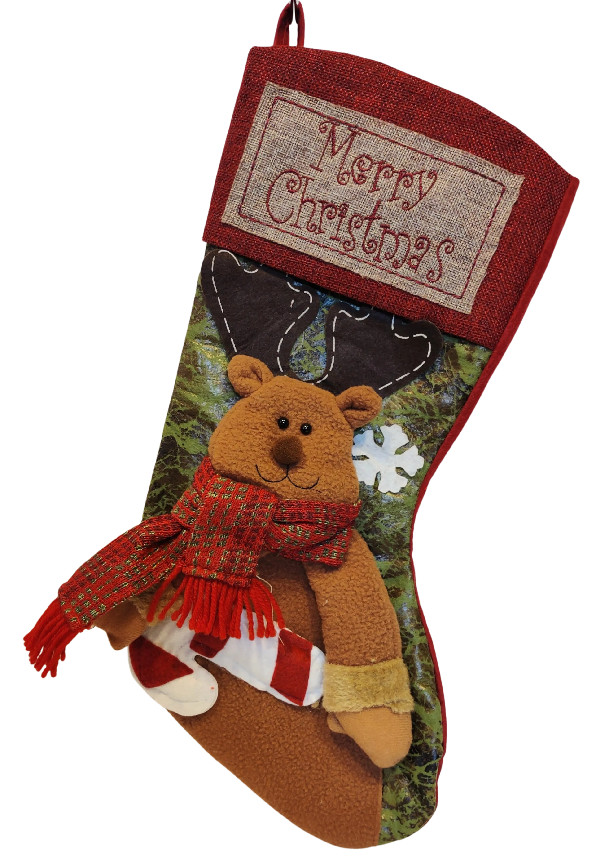 Burlap Reindeer Stocking with Red Scarf & Candy Cane- Merry Christmas 18"