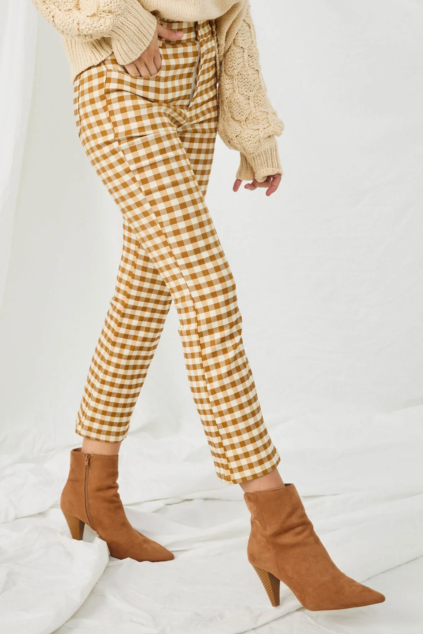 Button Closure Stretch Checkered Pants