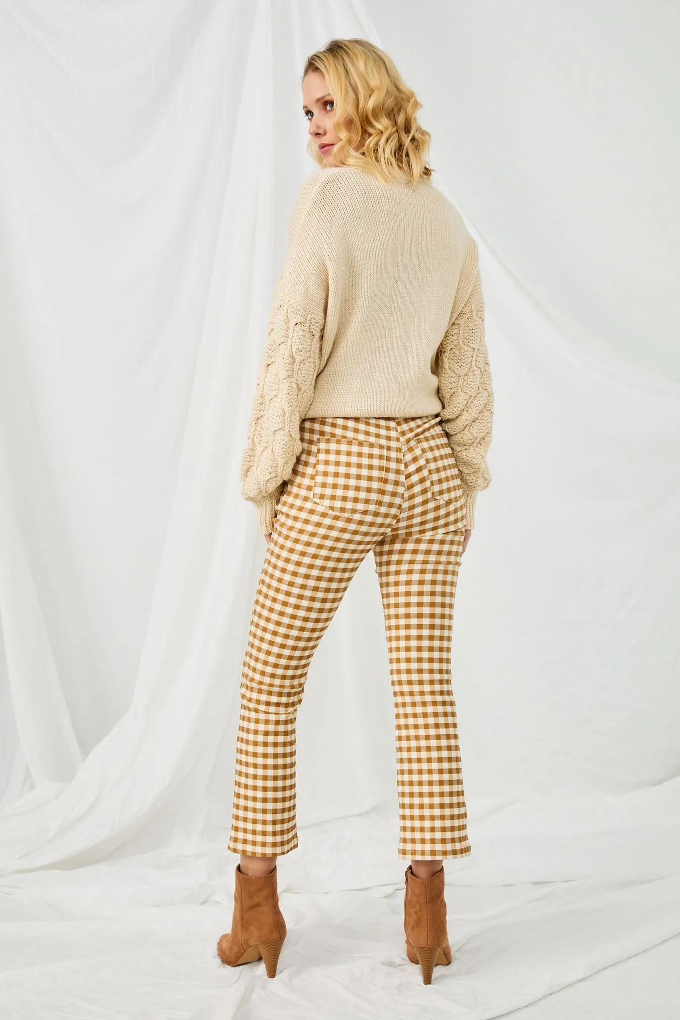 Button Closure Stretch Checkered Pants