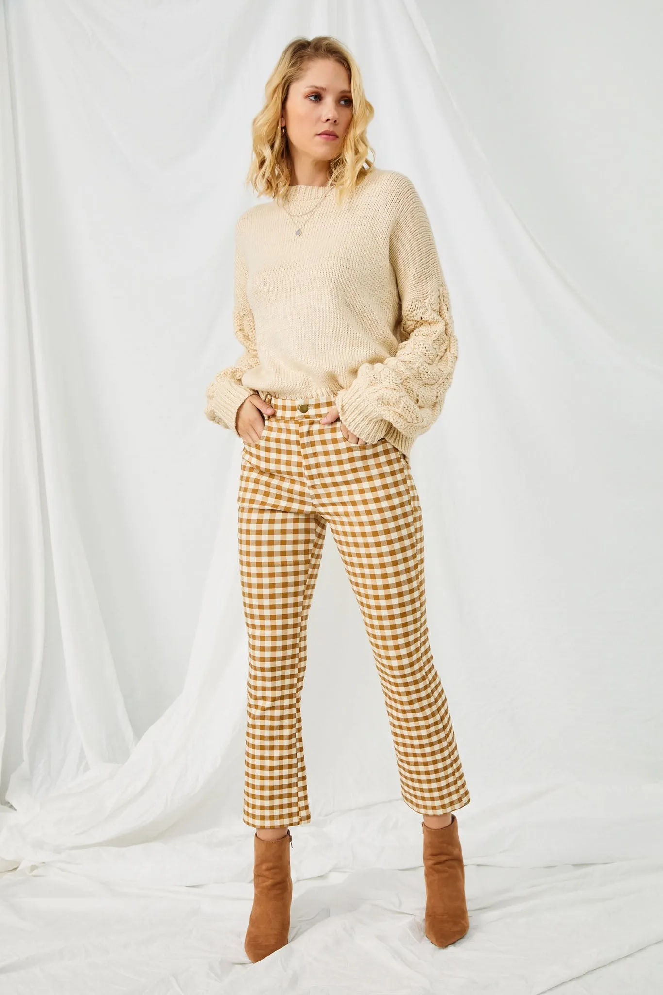 Button Closure Stretch Checkered Pants