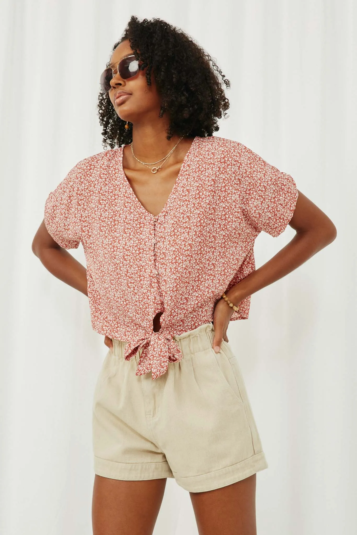 Button Detail Tie Front Roll Sleeve Top