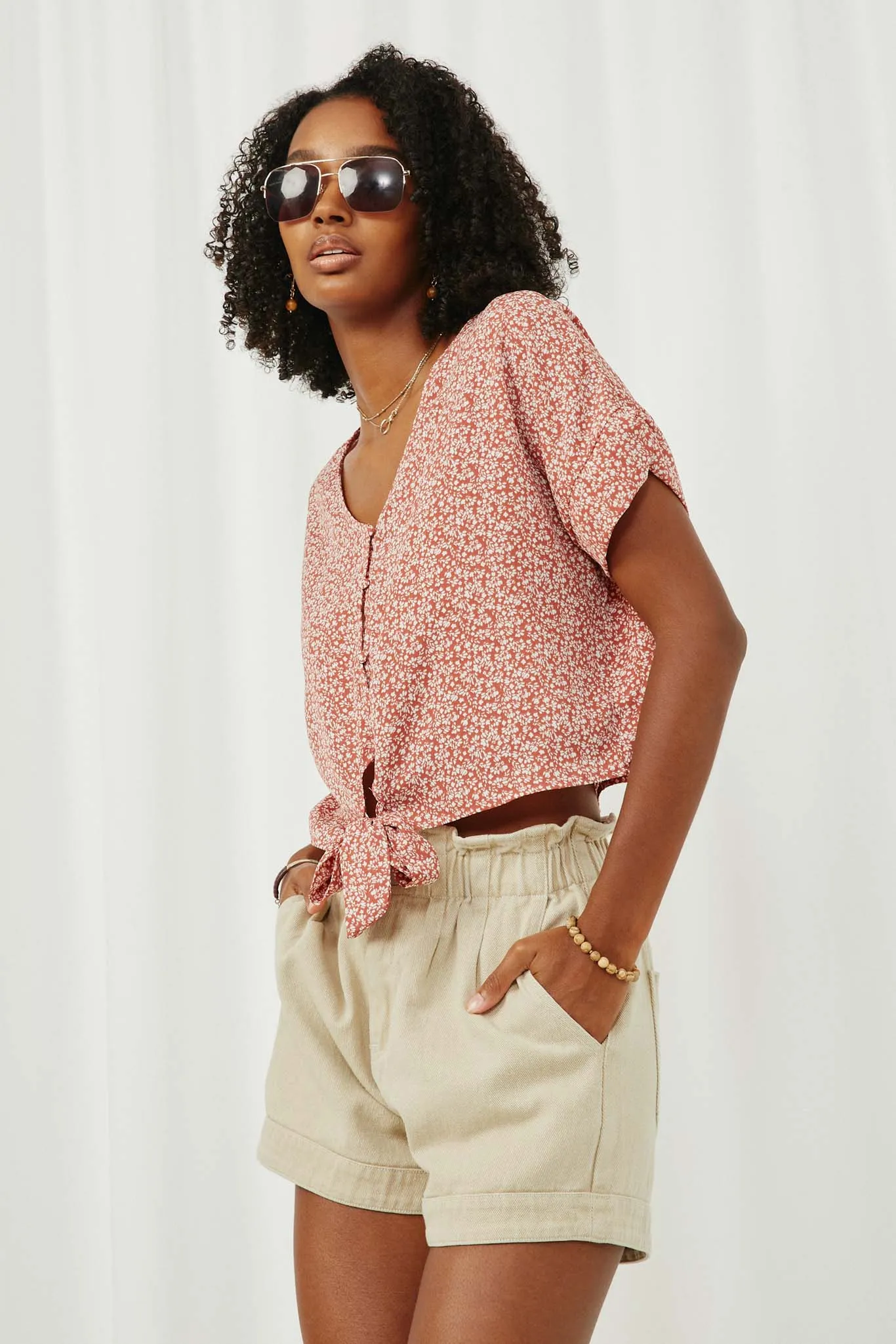 Button Detail Tie Front Roll Sleeve Top