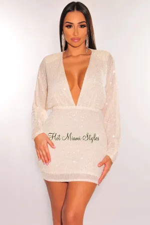 Cream Sequins Plunge V Neck Long Sleeve Mini Dress