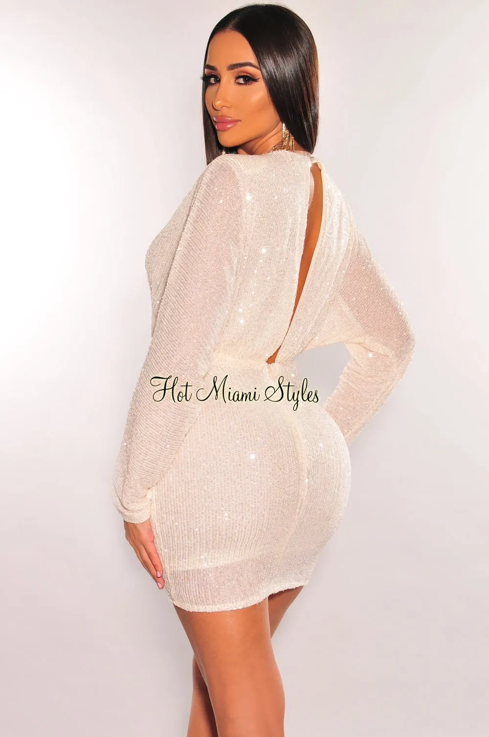 Cream Sequins Plunge V Neck Long Sleeve Mini Dress