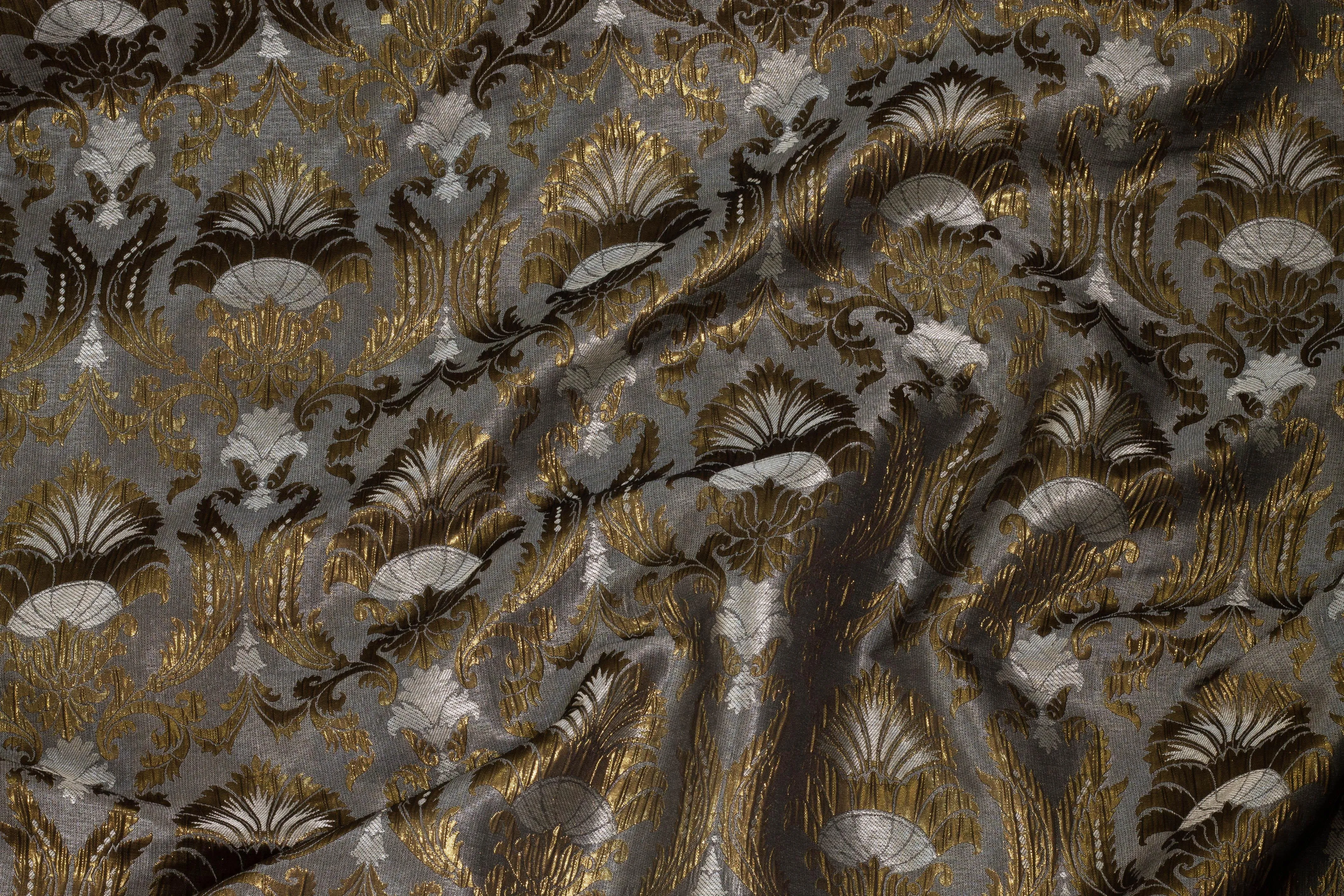 Crushed Metallic Damask Brocade - Antique Brass / Gray