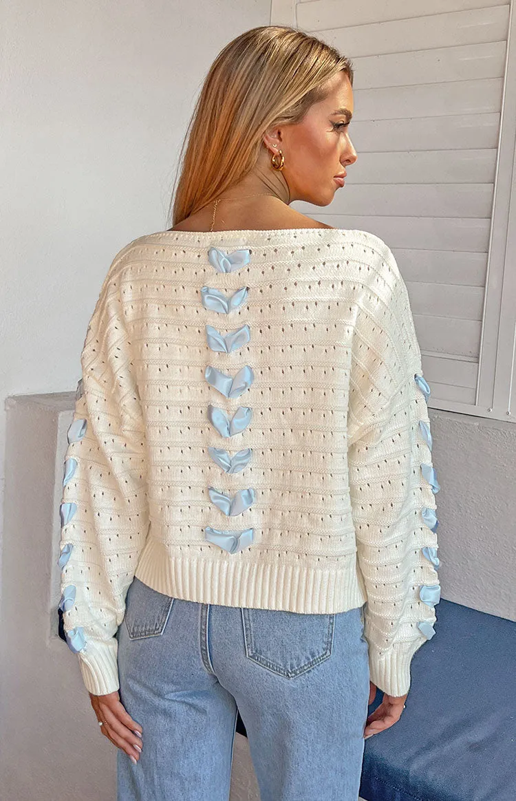 Darling White Knit Blue Ribbon Sweater