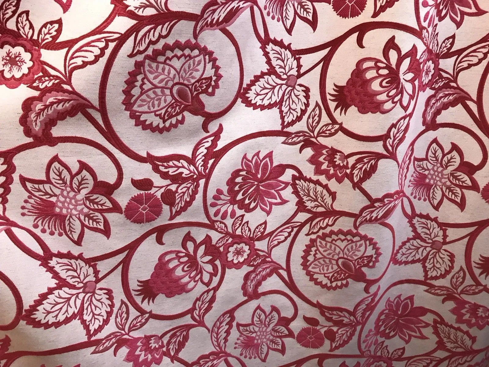 Designer Brocade Floral Drapery Fabric- Fuchsia Pink Red White -By The Yard