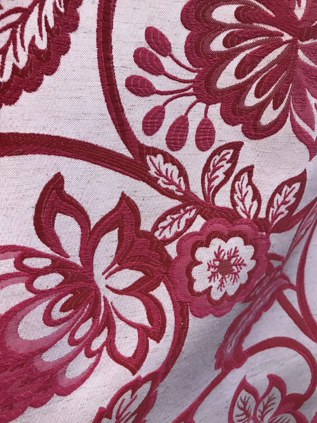 Designer Brocade Floral Drapery Fabric- Fuchsia Pink Red White -By The Yard