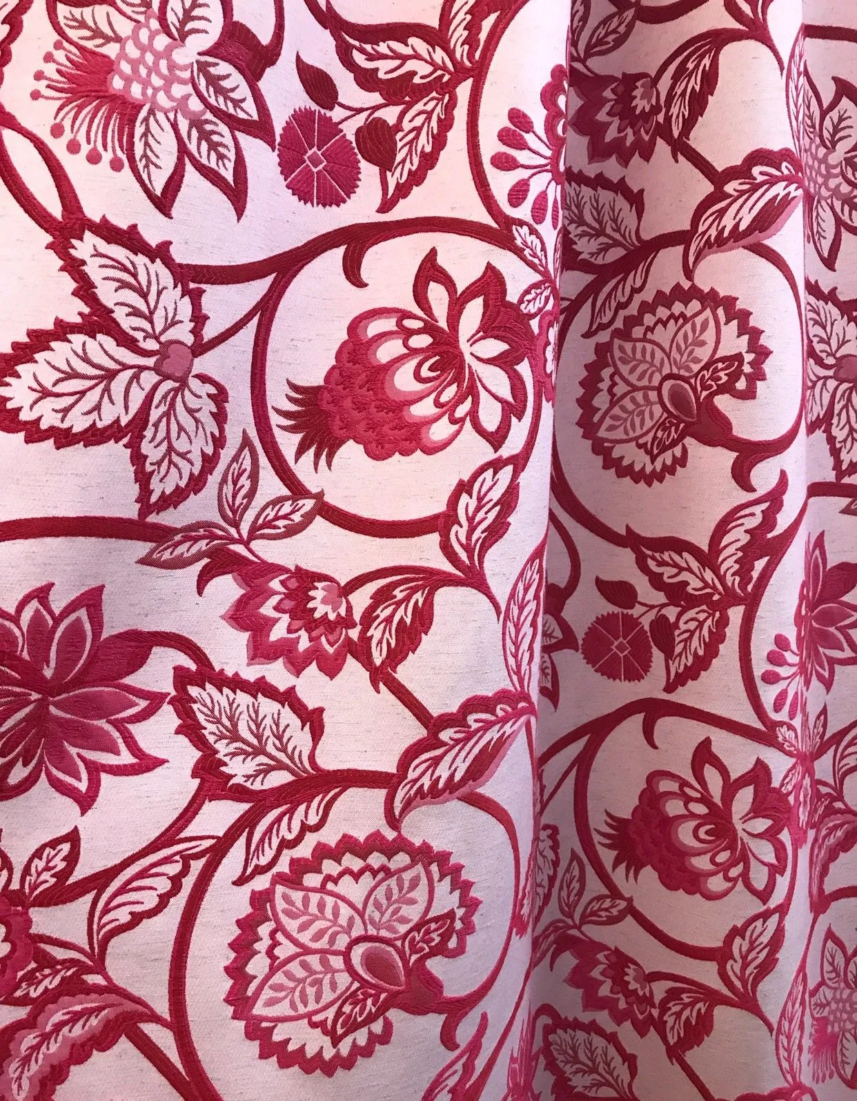 Designer Brocade Floral Drapery Fabric- Fuchsia Pink Red White -By The Yard