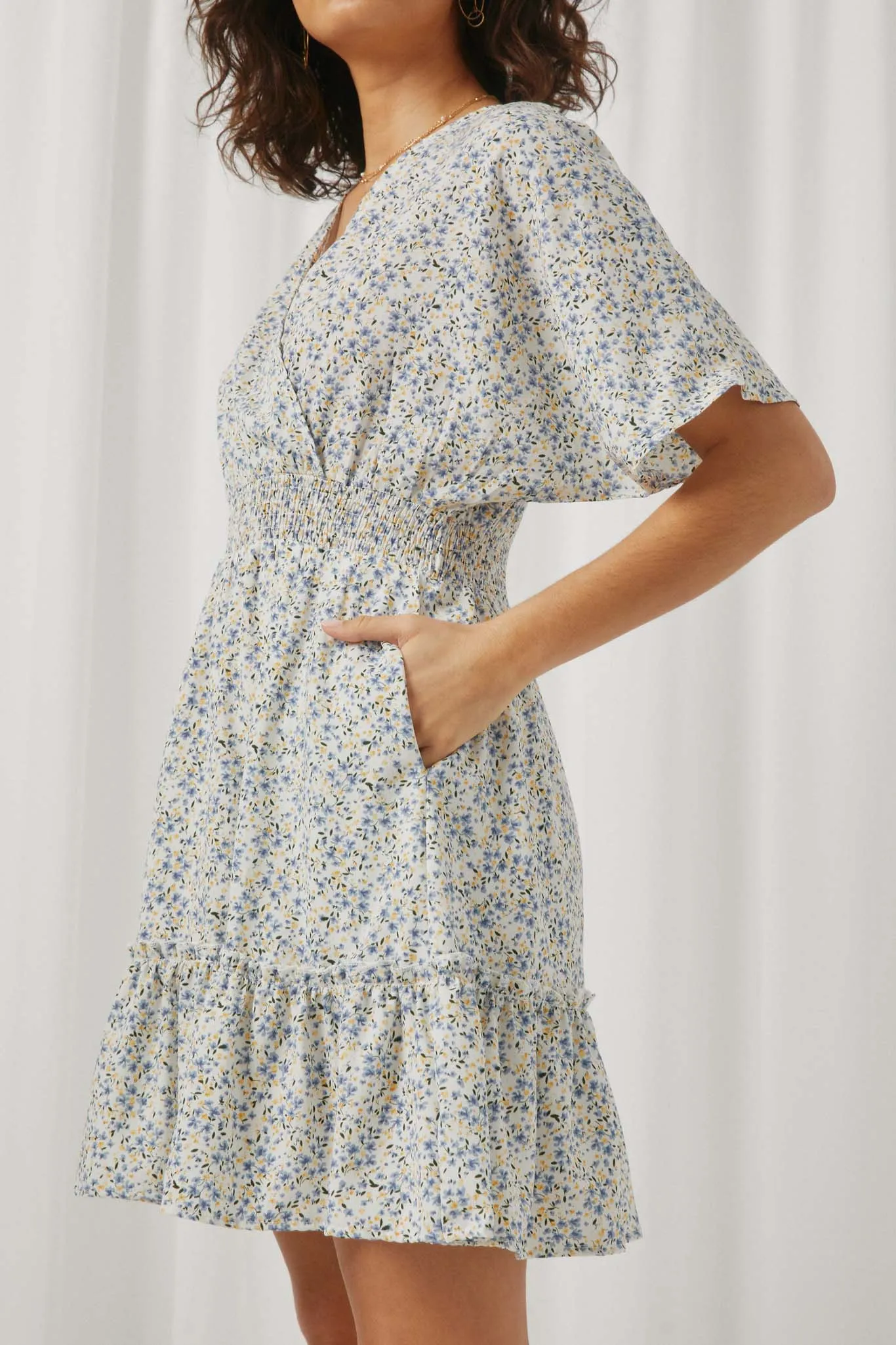 Ditsy Floral Smocked Waist Surplice Mini Dress