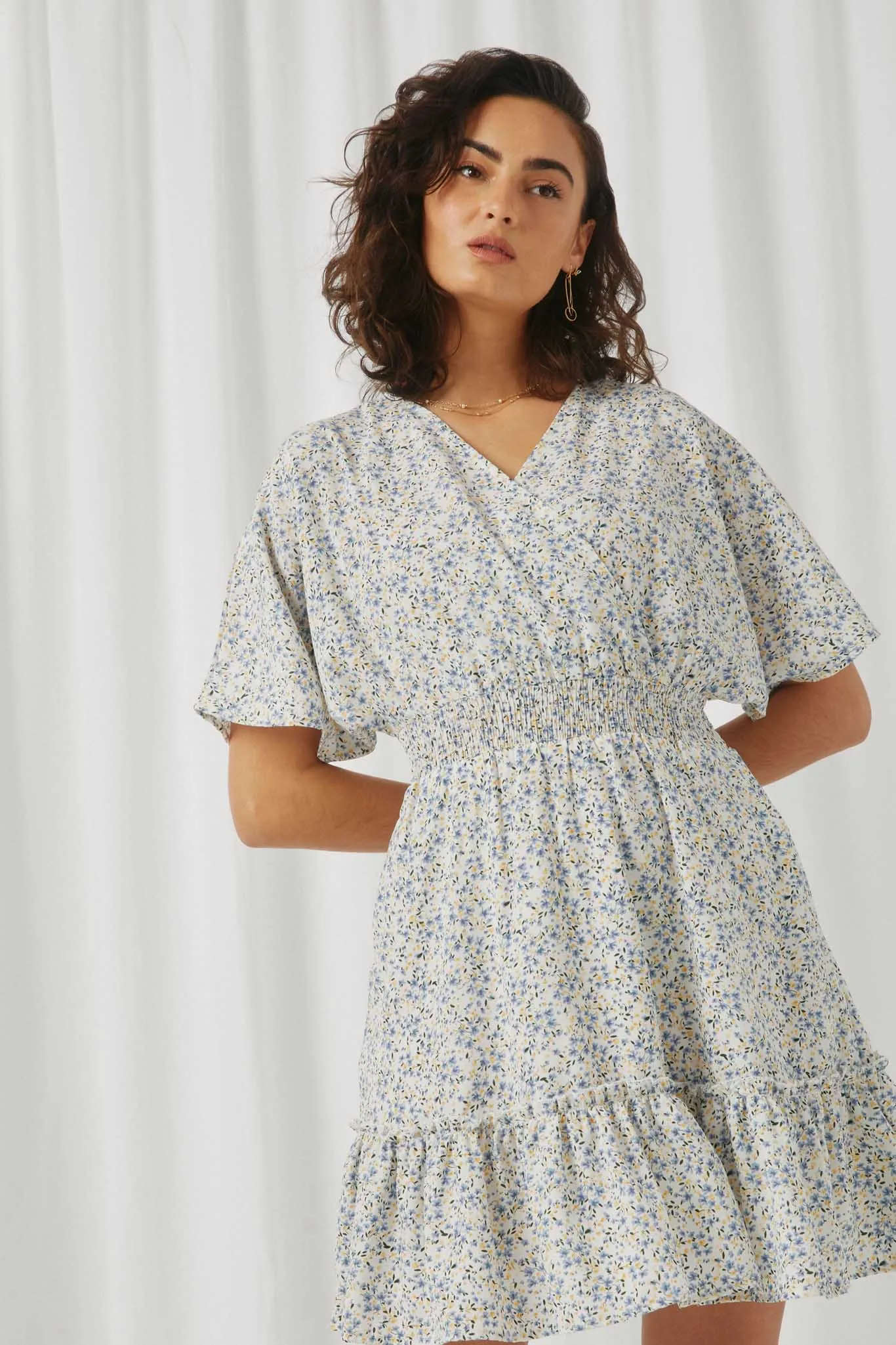 Ditsy Floral Smocked Waist Surplice Mini Dress