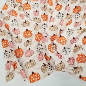 End of BOlt: 2.5 yards of Soft  Double Brushed Poly Spandex Faint Beige Spooky Fall Pumpkins Print Knit- remnant