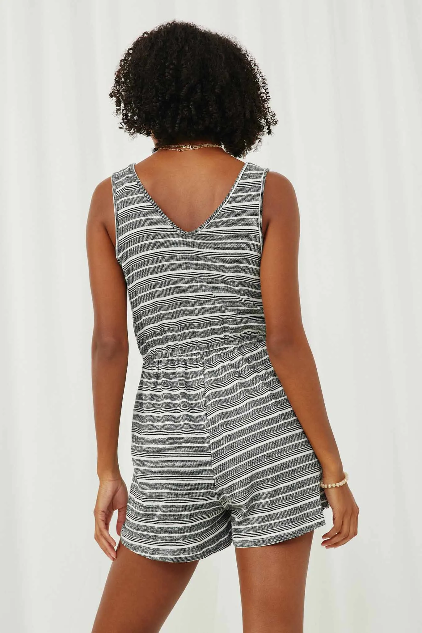 Engineered Stripe Drawstring Sleeveless Romper