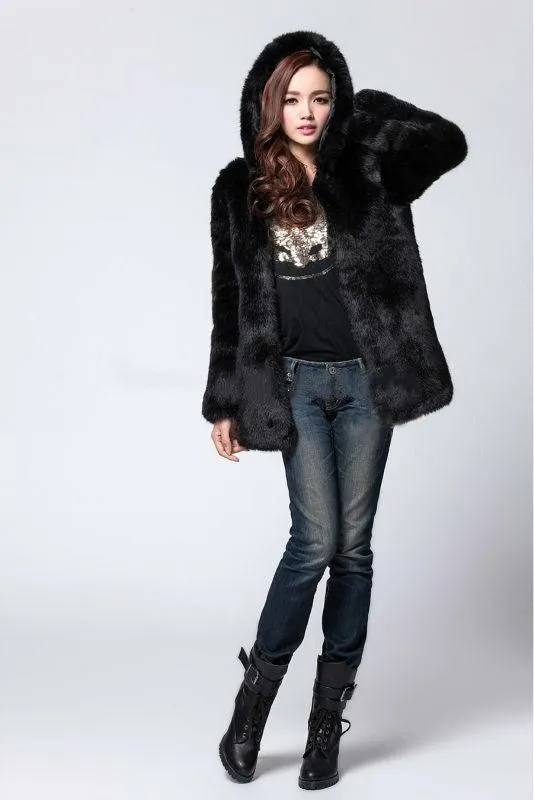 Faux fur women's hooded coat mid-length coat