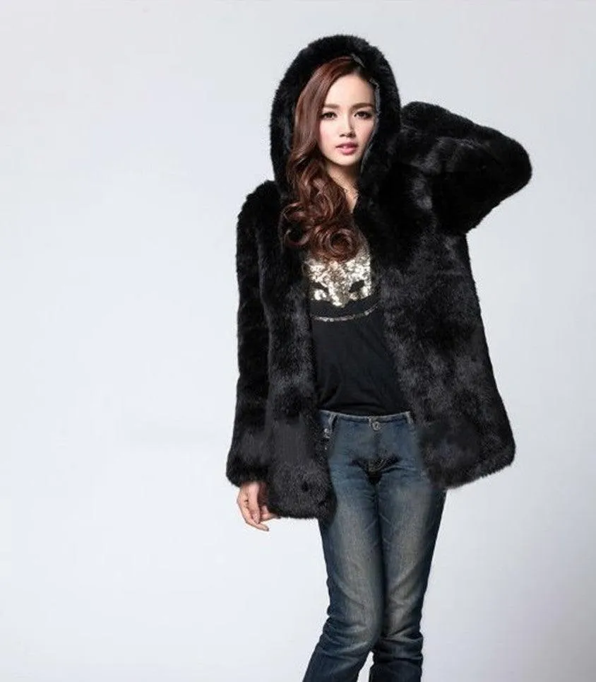 Faux fur women's hooded coat mid-length coat