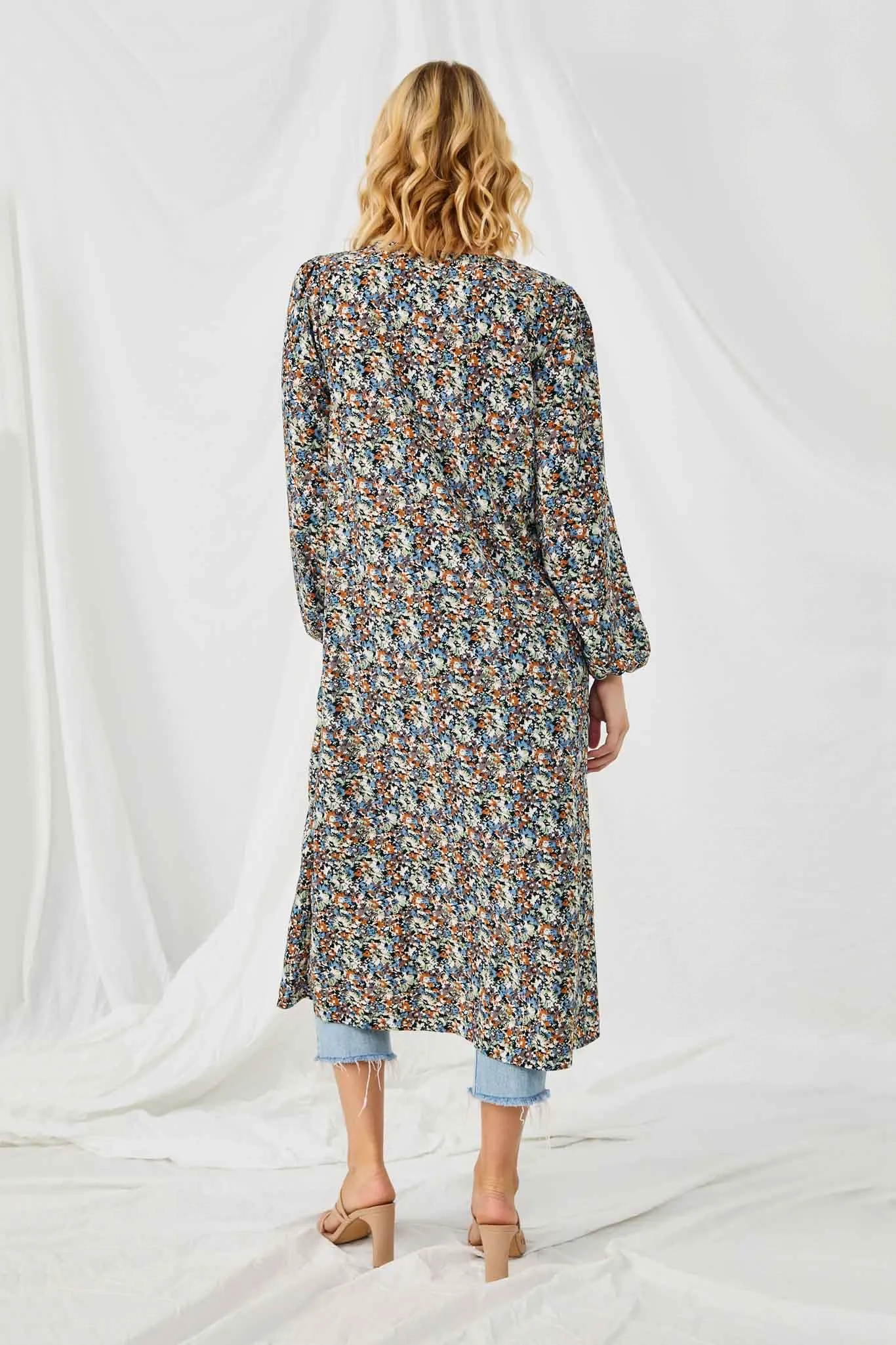 Floral Buttoned Puff Sleeve Duster