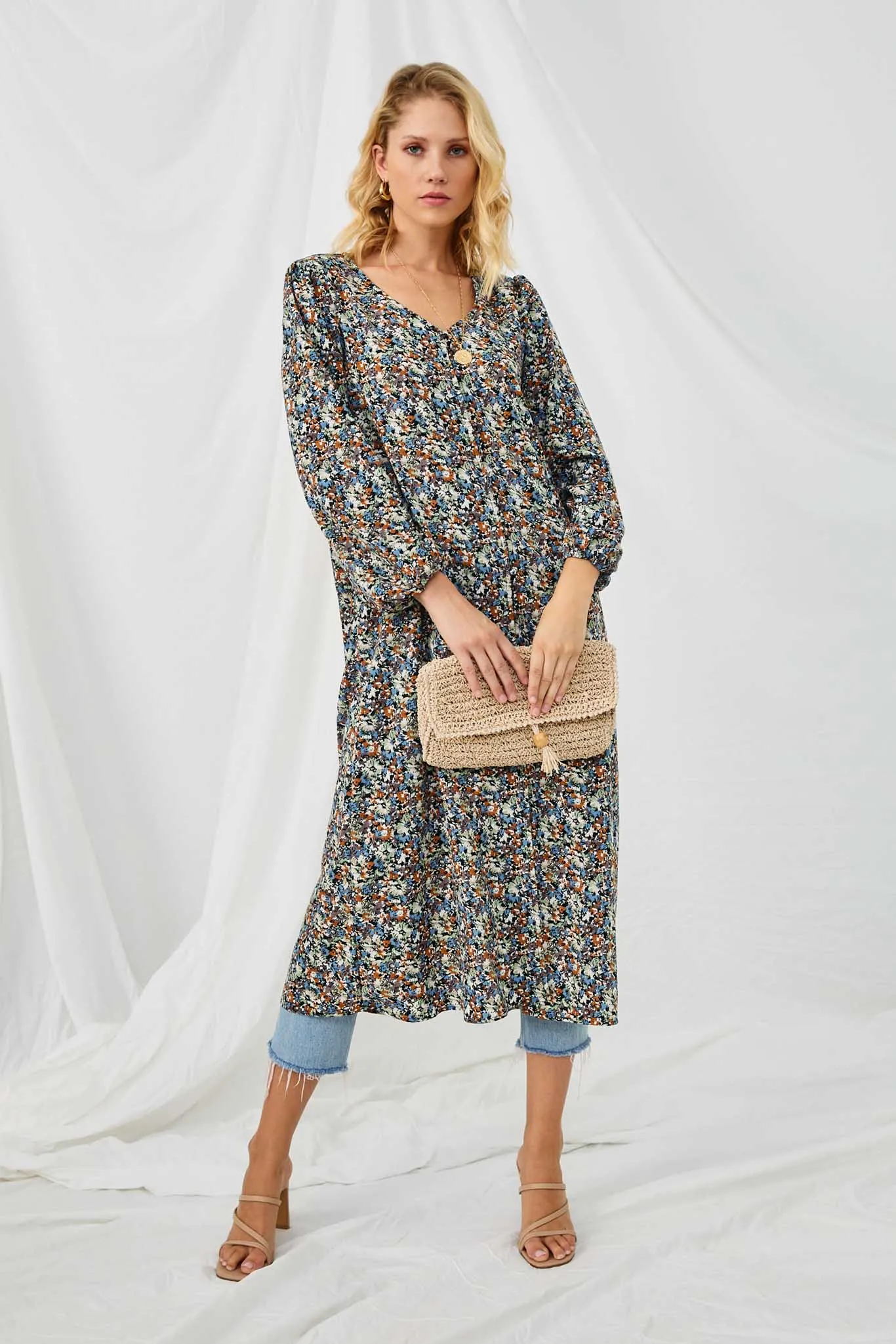 Floral Buttoned Puff Sleeve Duster