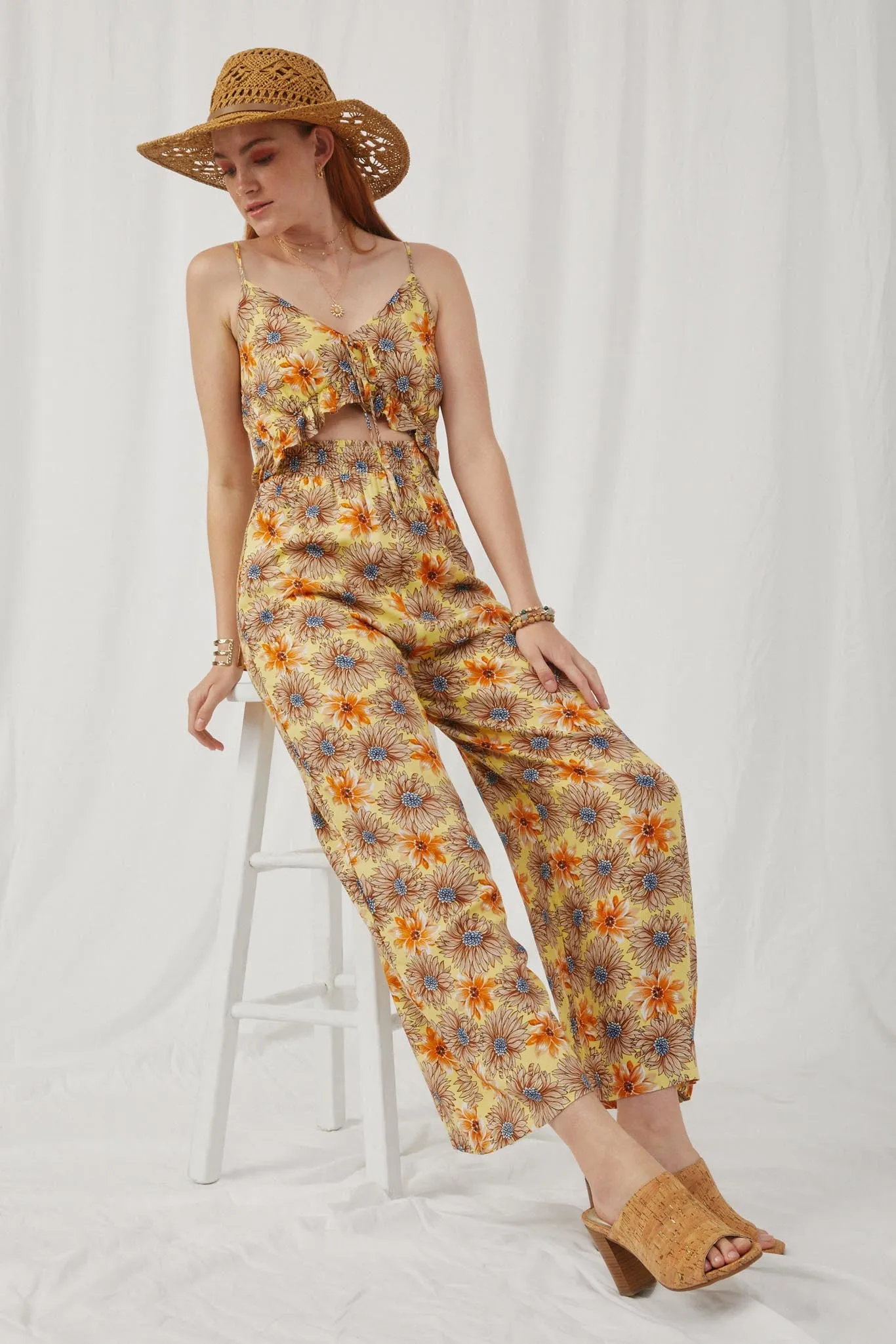 Floral Ruffled Cutout Wideleg Jumpsuit