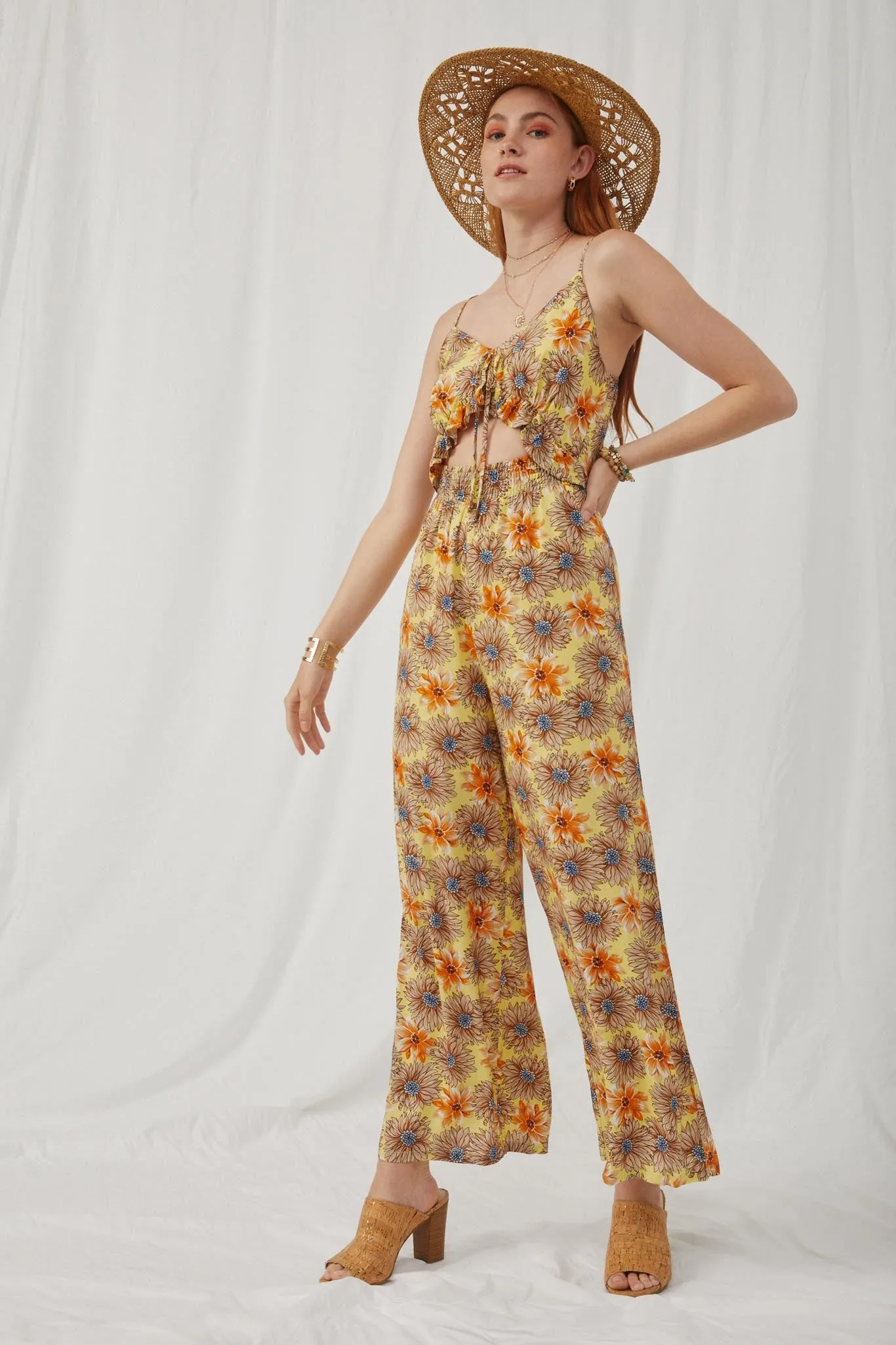 Floral Ruffled Cutout Wideleg Jumpsuit