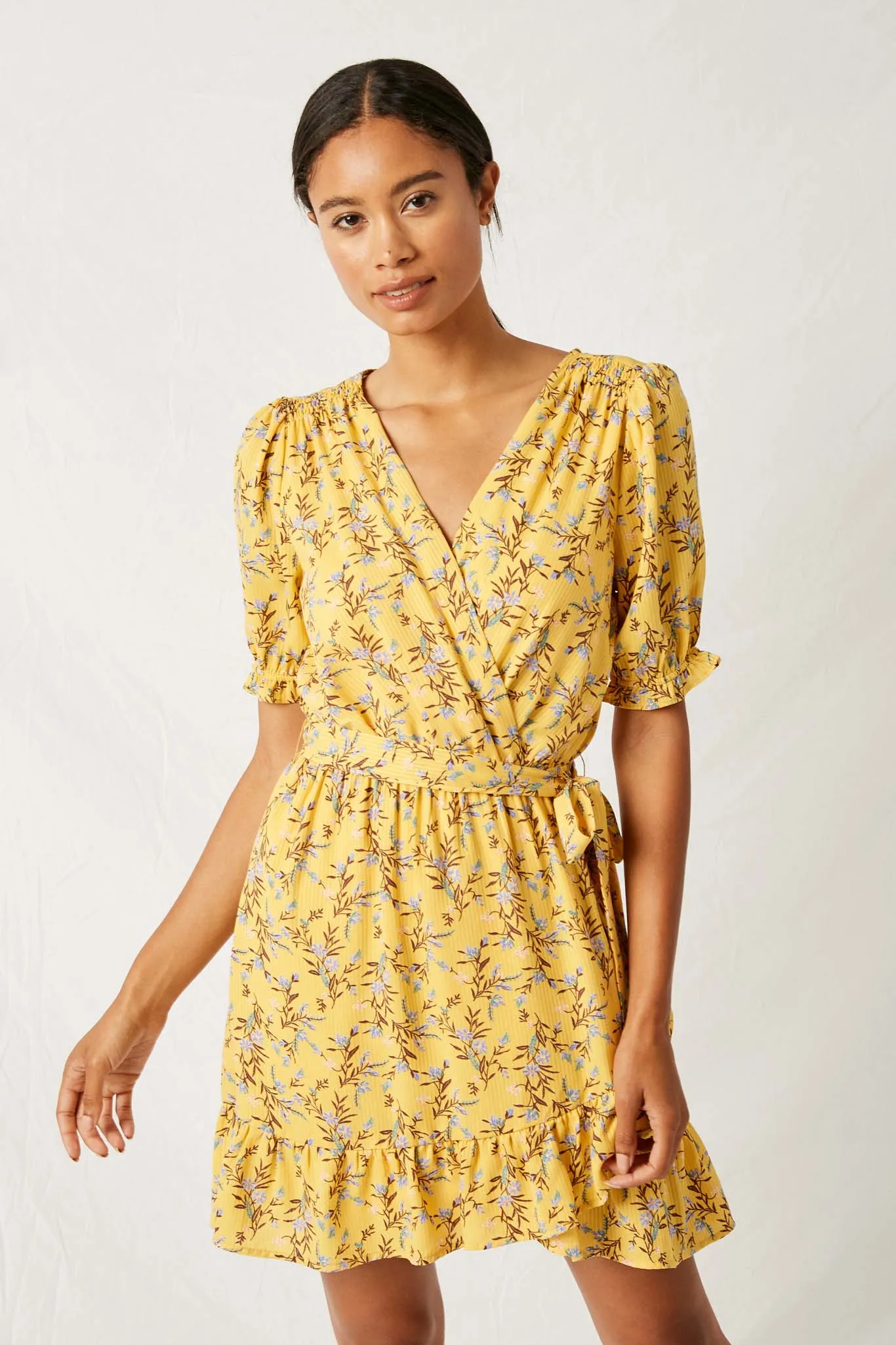 Floral Surplice Ruffle Mini Dress