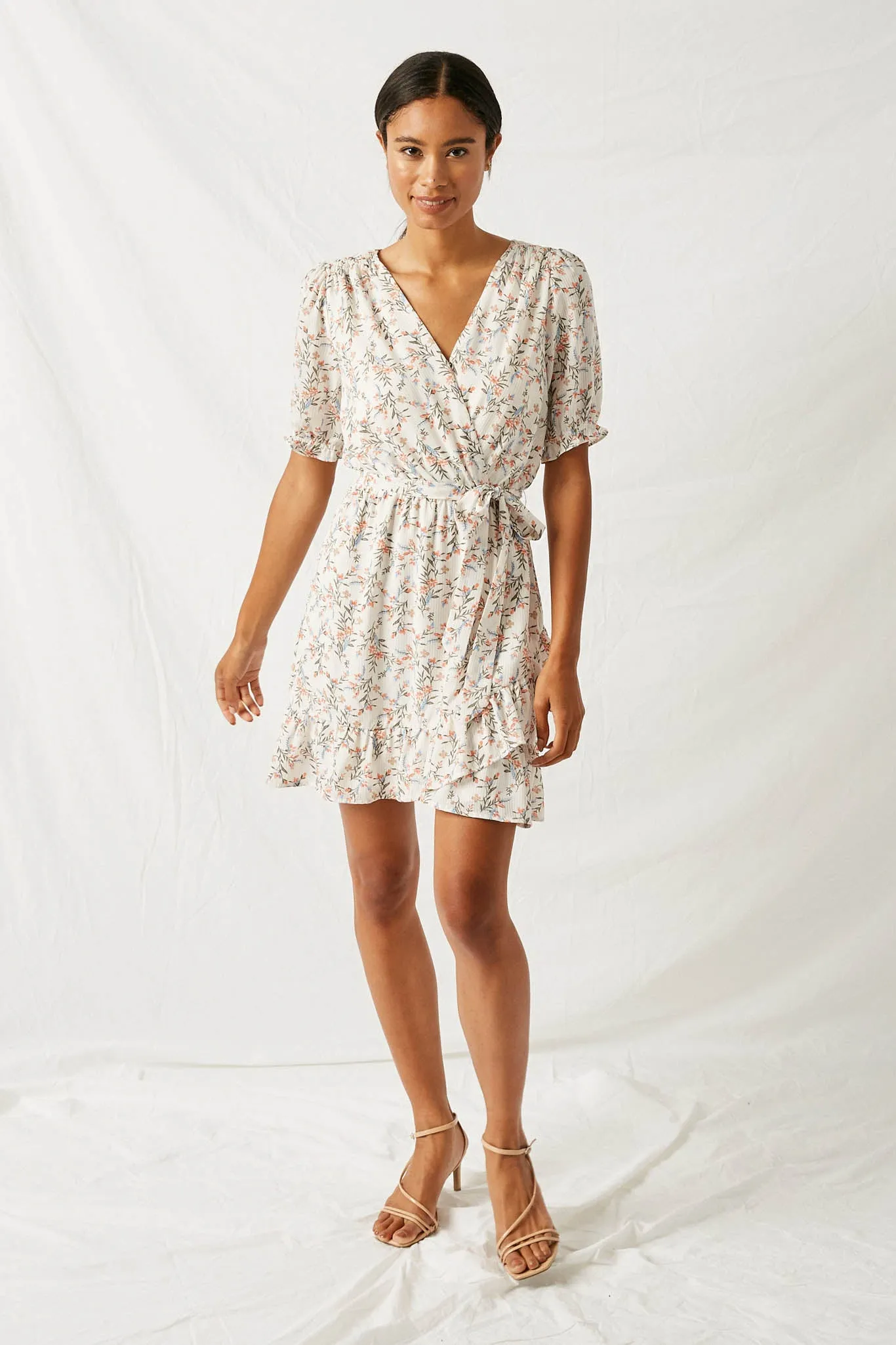 Floral Surplice Ruffle Mini Dress