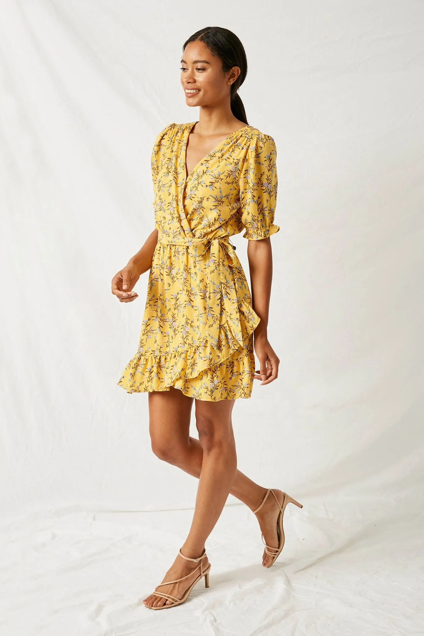 Floral Surplice Ruffle Mini Dress