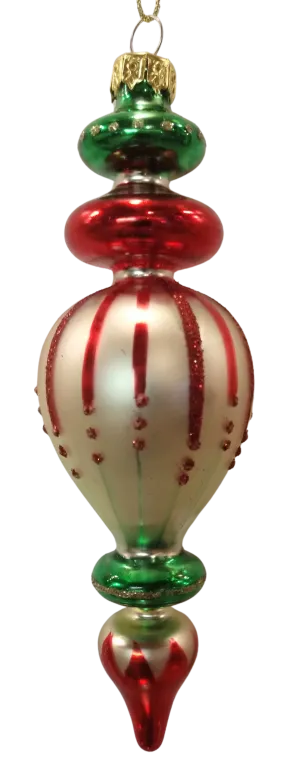 Glass green/red/silver finial ornament 6.5"