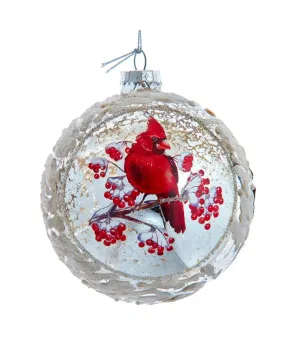 Glass Red Cardinal Ornament with Snow & Pine Cones