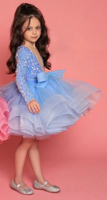 Glitter Illusion Puffy Layered V Neck Girl Party Dresses