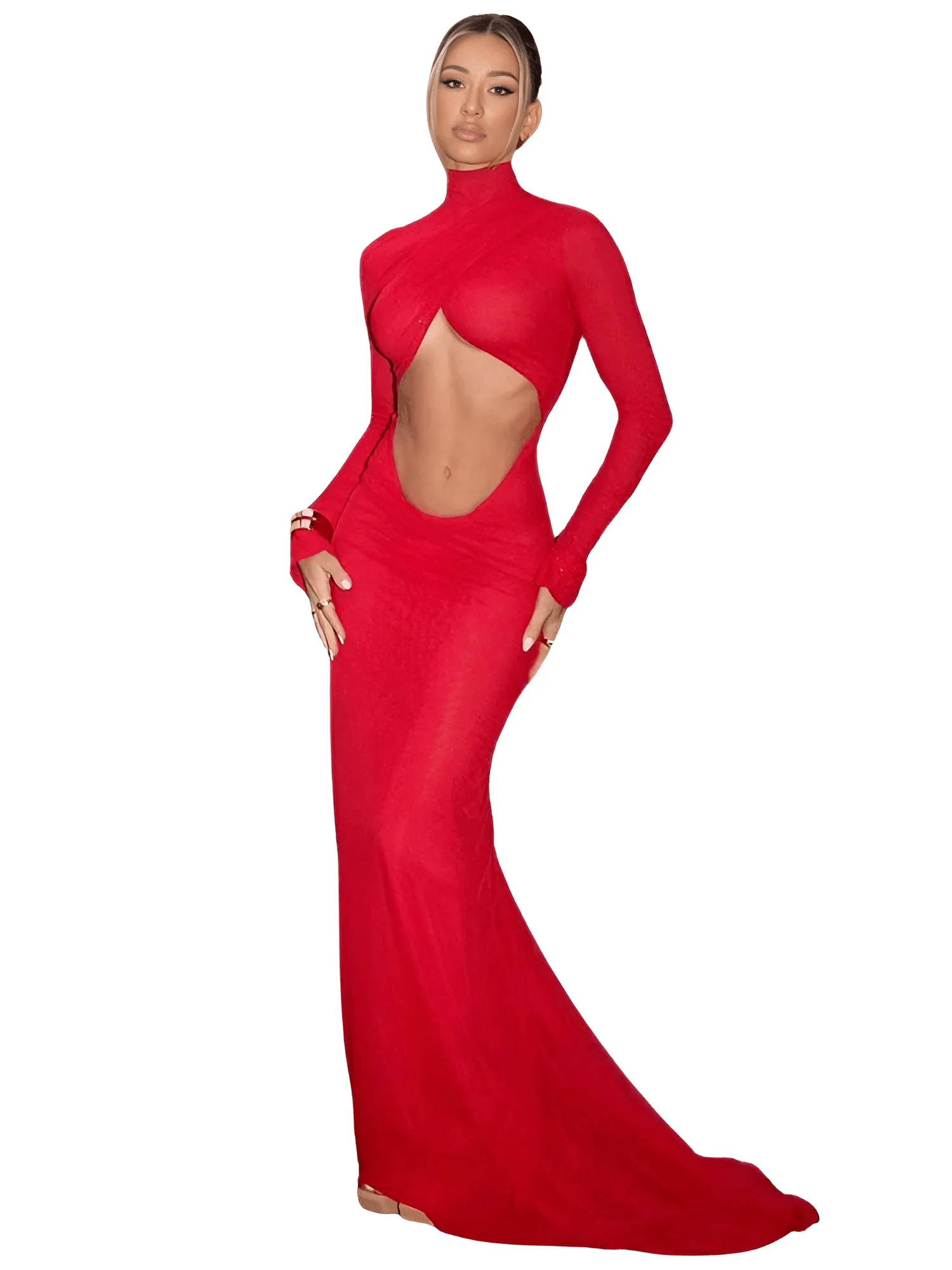 Hollow Out Sexy Backless Club Women Dresses Long Sleeve Red Sheath Dress