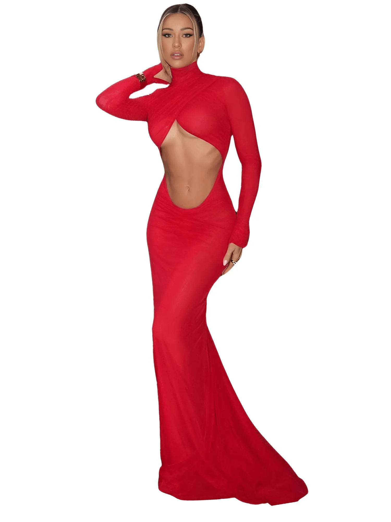 Hollow Out Sexy Backless Club Women Dresses Long Sleeve Red Sheath Dress