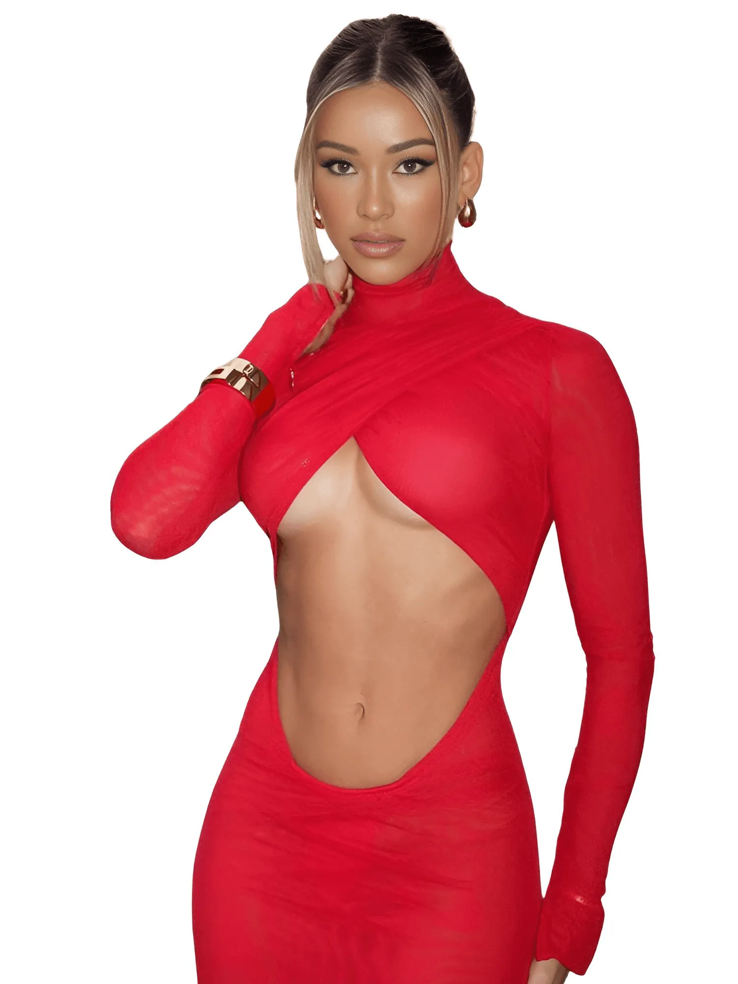 Hollow Out Sexy Backless Club Women Dresses Long Sleeve Red Sheath Dress