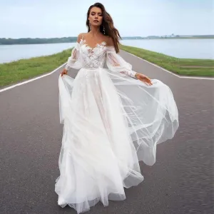 Long Sleeve A-line Sweep Train Bridal Dress