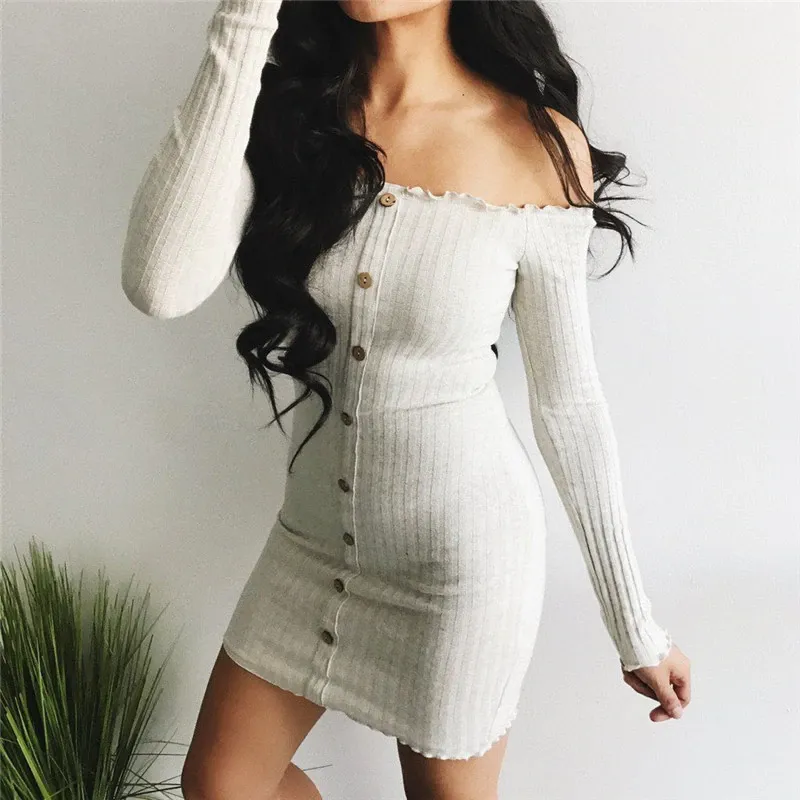 Long Sleeve Women Cotton Bodycon Mini Dress